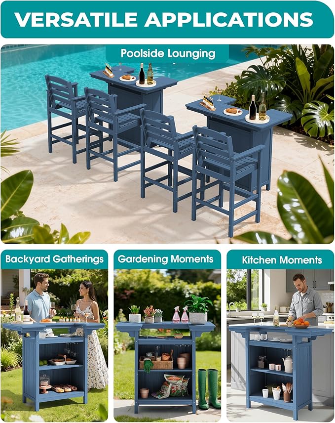 SERWALL Outdoor Bar Table Set (1 Table with 2 Chairs) – HDPE Blue Patio Bar Cabinet with 4-Tier Storage & Spacious Tabletop, Perfect for Outdoor, Poolside, Backyard SERWALL