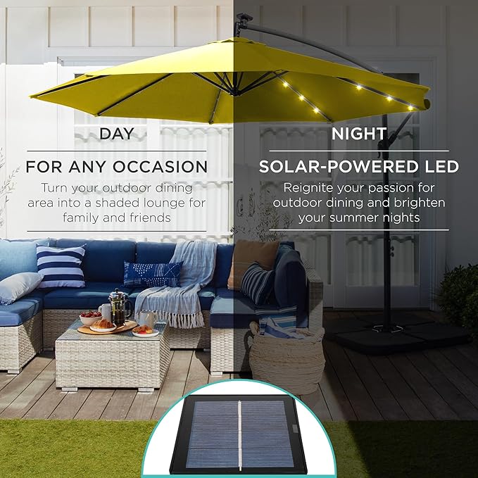Best Choice Products 10ft Solar LED Offset Cantilever Hanging Market Patio Umbrella, 8 Sturdy Ribs, Easy Adjustment - Yellow BestChoiceProducts