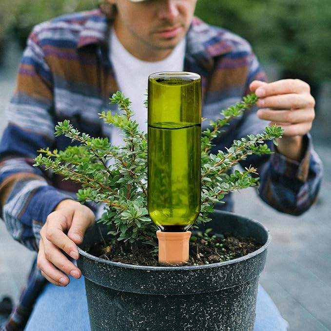 TINSKY 6 Sets Plant Watering Devices Terracotta Self Watering Spikes and 26 Oz Plastic Green Bottles Slow Release Vacation Plant Waterer Automatic Planter Insert for Indoor Outdoor Plants TINSKY