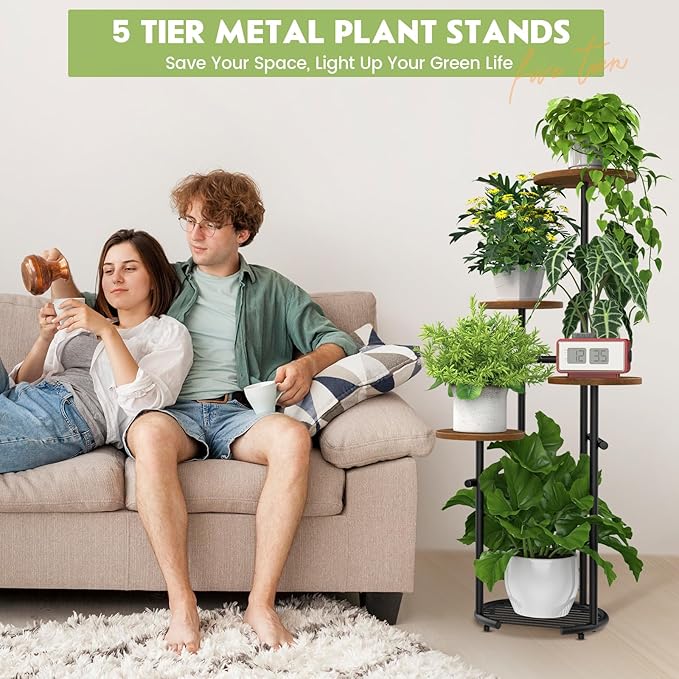 TOSKING 5 Tier Metal Plant Stand Indoor， Plant Shelf, Corner Shelf Flower Pot Stand for Outdoor Plant Stand for Living Room Balcony Garden Patio Bedroom (Black and Brown, 42in) TOSKINGESSENCE