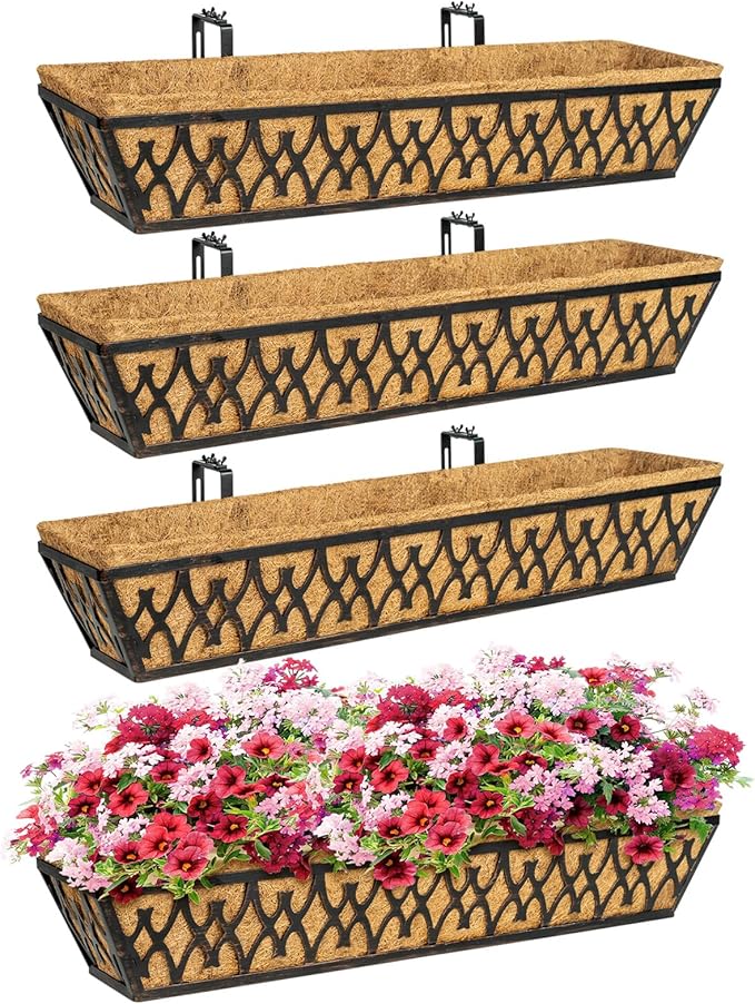 4 Pack 30 Inch Window Boxes Planters Railing Planter Box with Adjustable Brackets for Porch Fence Patio Balcony Hanging Flower Baskets with Coco Liners for Outdoor Garden Decor - Bronze KarlliuHOMEGARDEN