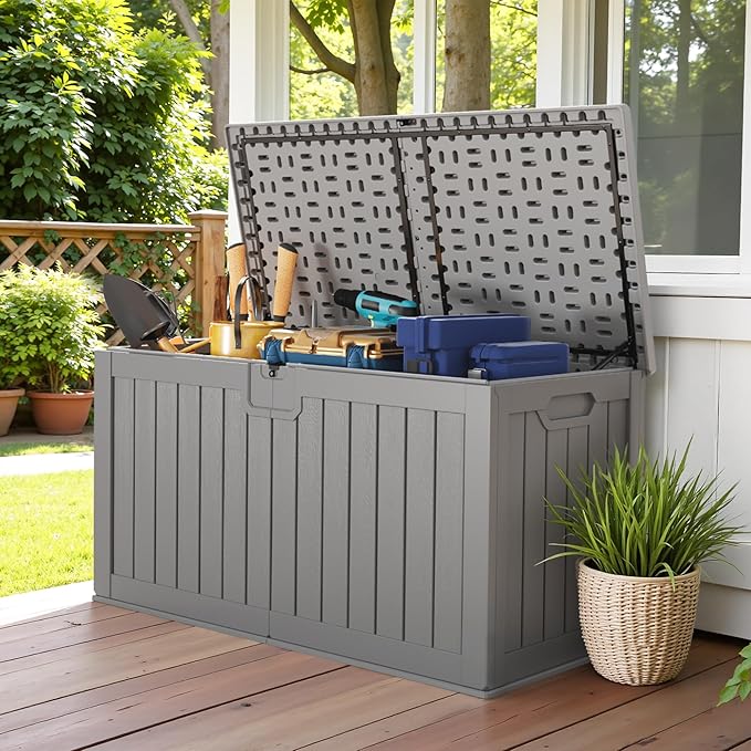 Devoko 240 Gallon Double-Wall Deck Box with Divider, Side Handles, Resin Outdoor Large Storage Box Waterproof and Lockable for Patio Furniture, Garden, Pool (Grey) DEVOKO