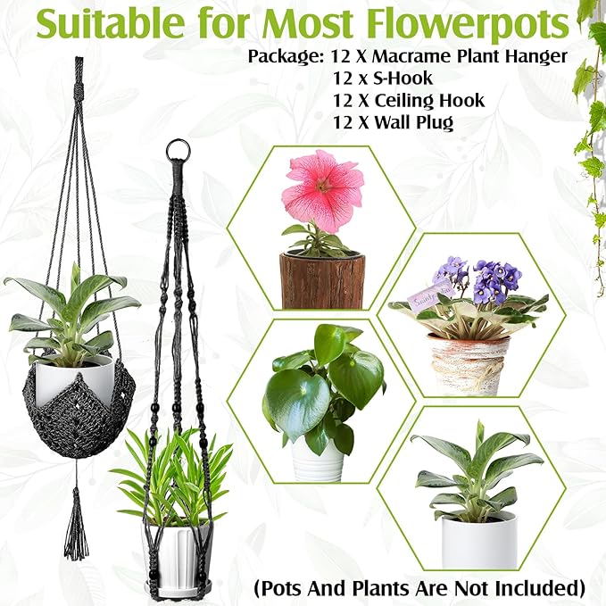 Hoteam 12 Pcs Macrame Plant Hangers Macrame Hanging Planters for Indoor Plants Handmade Boho Hanging Baskets Flower Pots Holder for Outdoor Home Wall Decor Hoteam