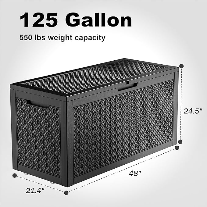ROJIK Outdoor Storage Housing Deck Box - Waterproof Patio Furniture, Garden Tools, Cushions, Pool Accessories Storage Bench with Lockable Lid and Side Handles (Black,125 Gal) ROJIK