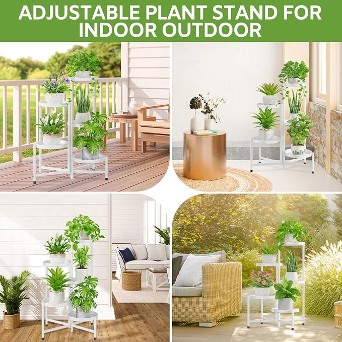 iDavosic.ly 5 Tier Large Plant Stand Indoor with 10 Inch Wide Tray, Tiered Corner Metal Outdoor Flower Display Holder Shelf, Folding Tall Rack for Patio Porch Living Room, White iDavosicly