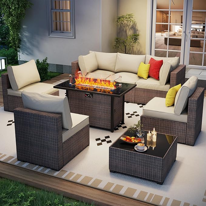Outdoor Patio Furniture Set with 43'' Fire Pit Table, 8 Pcs Outdoor Patio Furniture Conversation Sets with 4in Thicken Cushion, Wicker Outdoor Sectional for Backyard, Garden, Balcony,Deck, Brown/Beige Olimix