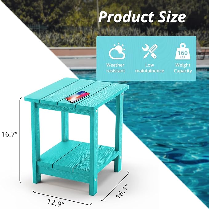 LUE BONA Adirondack Outdoor Side Table, 2-Tier Aruba Blue HDPS Patio End Table Weather Resistant, Outdoor Morden Side Table for Patio, Pool, Porch LUEBONA