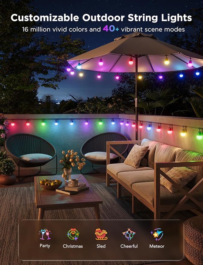Govee Smart Outdoor String Lights 2, 96ft RGBIC Outdoor Lights with Dimmable Warm White LED Bulbs, 47 Scene Modes for Patio, Backyard, IP65 Waterproof, Compatible with Alexa, App Control Govee