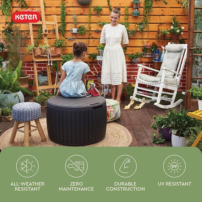 Keter Circa 37 Gallon Deck Box Organizer, Works as Ottoman Chair or Side Table, Brown – Large Resin Round Outdoor Storage and Seating for Garden, Pool, and Patio Keter