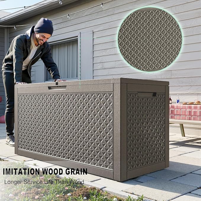 ROJIK Outdoor Storage Housing Deck Box - Waterproof Patio Furniture, Garden Tools, Cushions, Pool Accessories Storage Bench with Lockable Lid and Side Handles (Grey,125 Gal) ROJIK