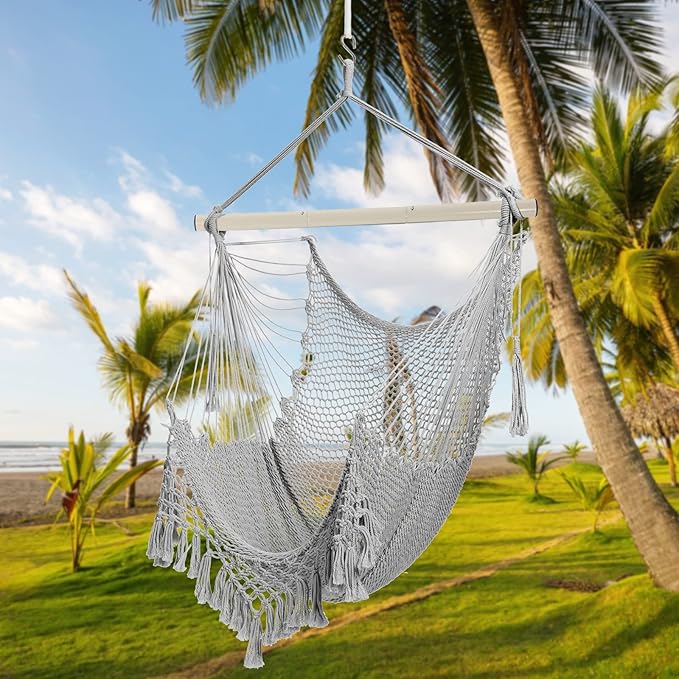 Hammock Chair，Max 330lbs, Large Hanging Chair, Soft Cotton Rope Swing Chair with High Load-Bearing Metal Rod,Indoor Outdoor Garden Yard Living Room Use YAERSI