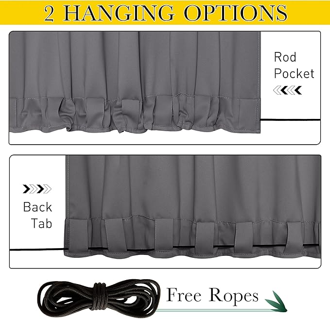 NICETOWN 2 Panels Blackout Weighted Outdoor Curtains for Patio Waterproof, Grommet & Back Tab on Top & Bottom Keep Privacy Light & Sound Block for Porch with Bonus Rope for Fixed, Grey, W52 x L72 NICETOWN