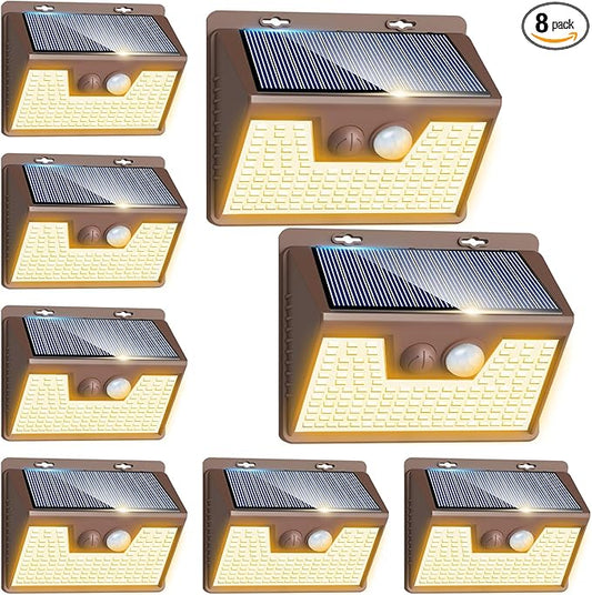 Peasur Solar Lights Outdoor Motion Sensor Waterproof, 8 Pack 140LED Brown Solar Powered Fence Light, 3 Modes Security Wall Lights for Garden Yard Outside(Warm White) Peasur