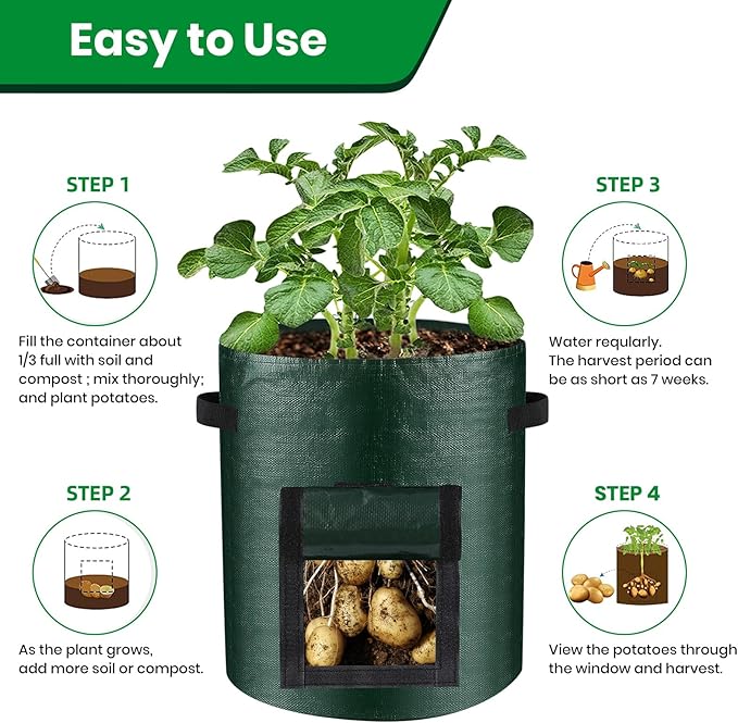 10 Gallon 3-Pack Potato Grow Bags, Heavy Duty PE Fabric Pots with Flap and Handles, Green Planter Bags for Potato Vegetables Outdoor Garden, 17.7''x13.8'' Large for All Plants Growing Lifeisbetterinthegarden