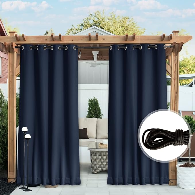 NICETOWN 2 Panels Outdoor Curtains for Patio Waterproof & Windproof, Thermal Insulated Top & Bottom Grommet & Back Tab Sun Blocking Outdoor Drapes with Fixed Rope for Gazebo, Navy Blue, W66 x L90 NICETOWN