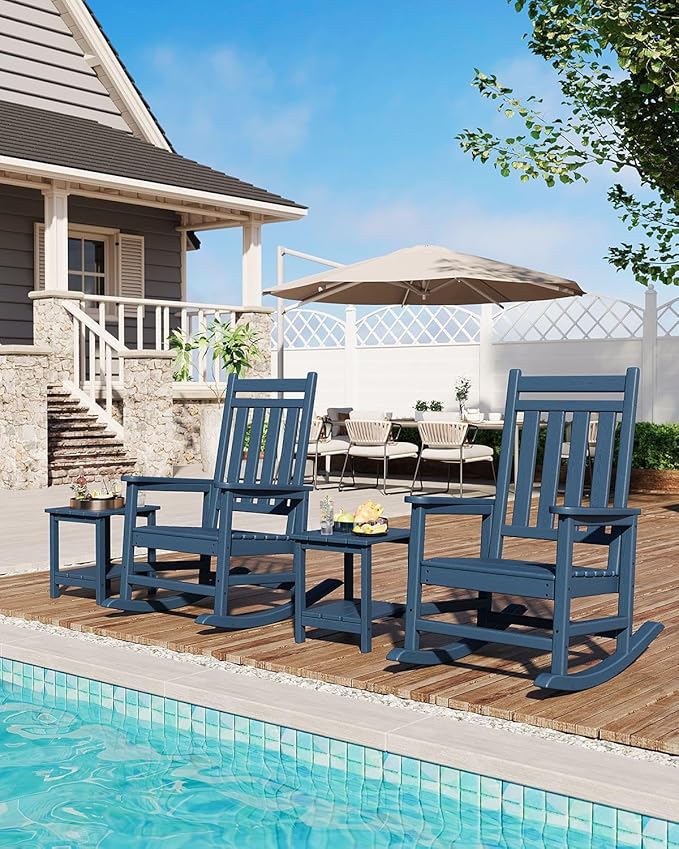 HDPE Rocking Chair Outdoor Set of 2 - Poly High Back Porch Rocker Chairs for Adults - All Weather Resistant Furniture for Patio Front Porch - Navy Blue Garvee