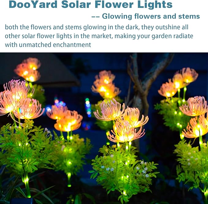 Solar Garden Lights, Solar Flowers Lights with Glowing Flowers & Stems, Upgraded Solar Panel, Outdoor Lights for Garden Decoration,Yard Decor and Gift for Mother (2 Pack) DooYard