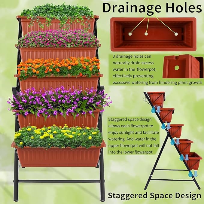 Homdox 2 Pack Vertical Garden Bed, 5 Tiers Vertical Raised Garden Planter, 23 * 26 * 45Inch Outdoor Garden Raised Bed with 4 Hooks, Vegetable Flower Planter Raised Stand for Garden Patio Yard, Brown HOMDOX