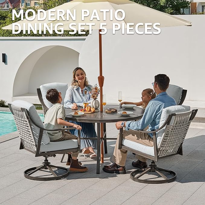 NATURAL EXPRESSIONS 5-Piece Outdoor Patio Dining Set, 4pcs Patio Swivel Rocking Chairs and 38’’ Round Dining Table with 1.65’’ Umbrella Hole NaturalExpressions