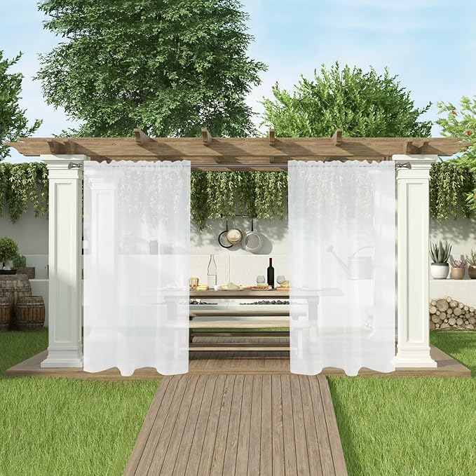 SpaceDresser Waterproof Outdoor Sheer Curtains for Patio - 2 Panels Rod Pocket Indoor Voile Sheer Curtain for Living Room,100W x 120L inch, White SpaceDresser