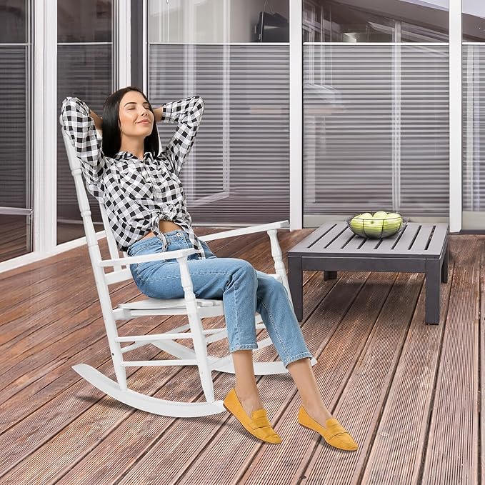 VINGLI Wooden Rocking Chair, Outdoor Chair with 450 lbs Support, Relaxing Rocker with Solid Wood High Back Seat Reclining Seat for Deck, Garden, Backyard, Porch, Indoor or Outdoor Use (White, 2PCS) VINGLI