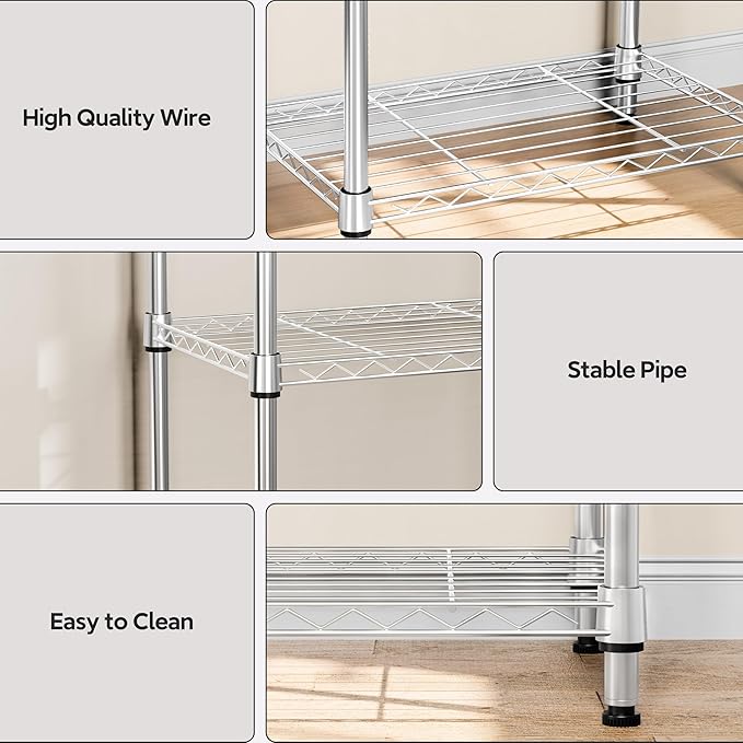 4 Tiers Shelf Metal Storage Shelves Wire Rack Closet Organizers with Wheel for Garage Kitchen Bathroom Laundry Chrome 11.8" D x 17.7" W x 41.9" H MEIGAOPLASTICANDMETALHKCOLIMITED