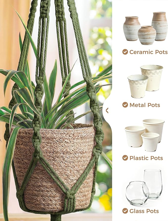 Bamworld Macrame Plant Hanger Indoor Hanging Planter for Plants Hanging Plant Basket Macrame Wall Hanging Planters Boho Decor Home Room Decor Aesthetic 36 Inches Natural Green, Set of 2 Bamworld