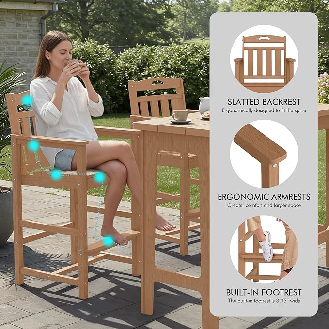 Ciokea 3 Pcs Outdoor Bar Height Table Set, 60" Extra Long Rectangle High Top Table and 2 Oversized Adirondack Chairs Set, Heavy-Duty All-Weather HDPE Patio Bar Set for Backyard Balcony Deck, Teak CIOKEA