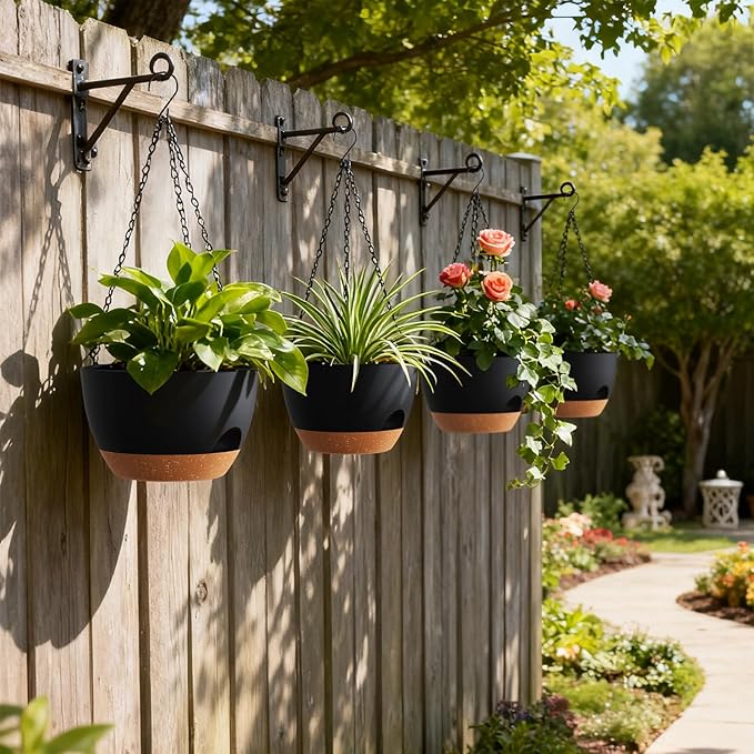 4 Pack 8 Inch Self Watering Hanging Planters for Indoor Outdoor Plants，Hanging Pots for Plants with Drainage Removable Tray, Hanging Baskets Flower Pots for Pothos Spider Garden Black with Brown UOUZ
