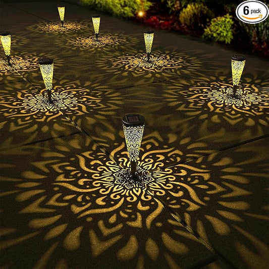 6 Pack Solar Lights Outdoor Garden Decorative Mandala Solar Garden Lights with Warm Light Waterproof Solar Pathway Landscape Lights for Path Patio Backyard Walkway Yard Lawn Decor (Black) gardencave