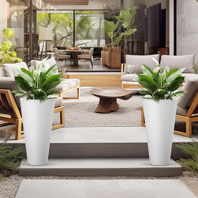 Kante Tall Round Planter Set of 2, 29 Inch Tall Decorative Planter Pots for Outdoor Indoor Garden Patio Front Porch (White) Kante