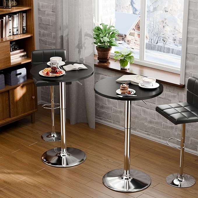 Flamaker Round Bistro Pub Table 23.6 Inch Height Adjustable 360° Swivel Bar Table Metal Base for Pub, Dining Room, Party (4, Black-Silver) Flamaker