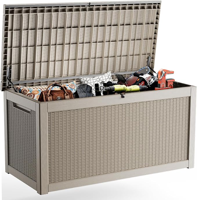320 Gallon Outdoor Deck Box, Lockable Waterproof Outdoor Storage Boxes For Garden Tools,Indoor Cushions,Accessories Outside Storage Resin Weatherproof Container(Grey) MAIUSCOLI