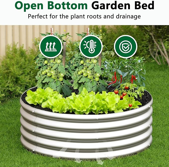 zizin 2 Pcs Round 3x3x1ft Raised Garden Bed Kit Metal Planter Box for Planting Vegetables, Silver zizin