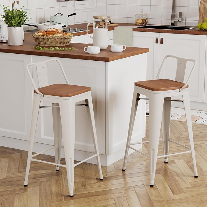 Yongchuang 30 inch Bar Stools Set of 2 Kitchen Bar Height Chairs with Wood Seat Industrial Low Back Metal Barstools Cream White YongchuangInternational