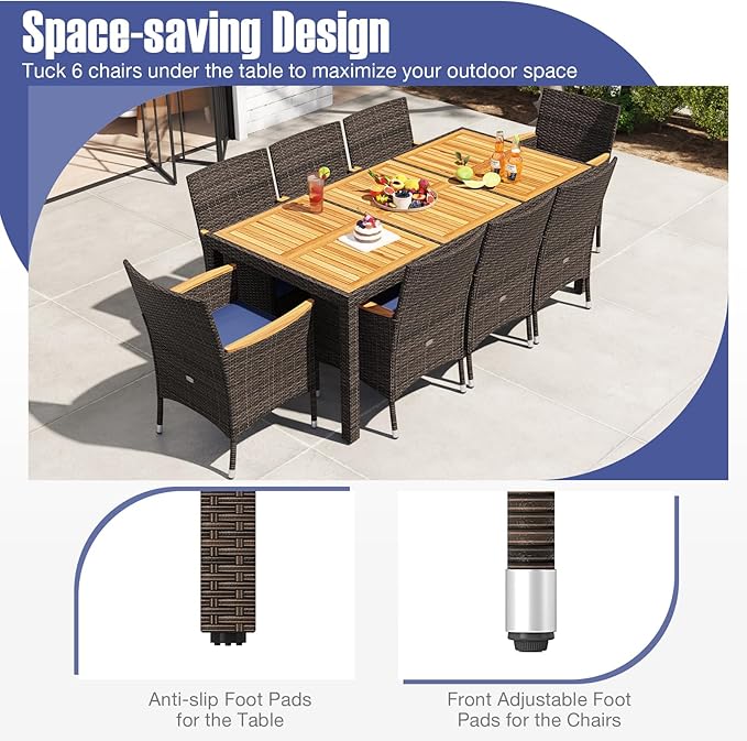 Tangkula 9 Pieces Rattan Outdoor Dining Set for 8, Outdoor Acacia Wood Table Set with 8 Cushioned Wicker Chairs, Umbrella Hole, Patio Dining Furniture Set for Deck Pool Backyard TANGKULA