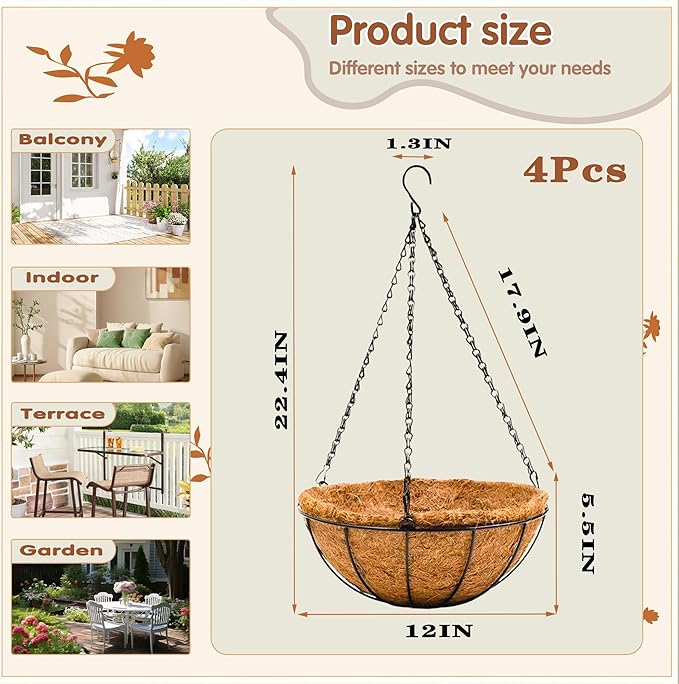 12 inch Metal Hanging Baskets For Plants Outdoor 4 Pack Round Metal Wire Hanging Basket Planter with Coco Fiber Liners Chain Round Wire Plant Holder for Garden, Patio, Deck, Porch Plants Flower Potss JFFLYIT