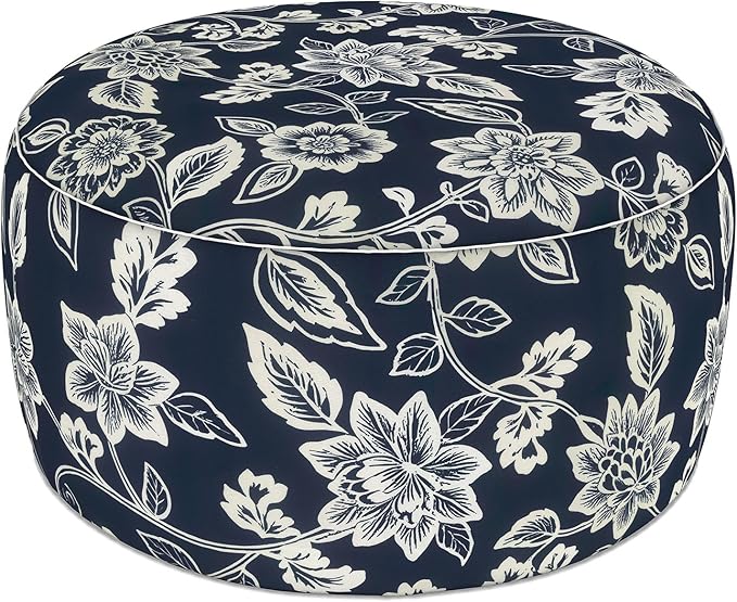 LVTXIII Indoor/Outdoor Extra Large Inflatable Ottoman Pouf D31 x H14 Inch, Round Footstool with Handle, Weather-Resistant Portable Furniture for Patio, Camping, Beach, Elegant Vines Navy LVTXIII