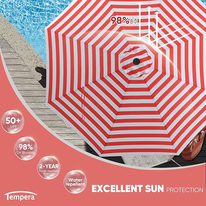 Tempera Patio Market Outdoor Table Umbrella with Auto Tilt and Crank, Large Sun Umbrella with Sturdy Pole & Fade Resistant Canopy, Easy to Set TemperaPatioLife