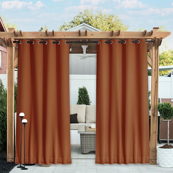 NICETOWN 2 Panels Outdoor Curtains Waterproof Fixed Grommet/Back Tab on Top & Bottom, Thermal Insulated Windproorf Sun Blocking Outdoor Drapes with Rope for Patio/Gazebo, W52 x L84, Burnt Orange NICETOWN