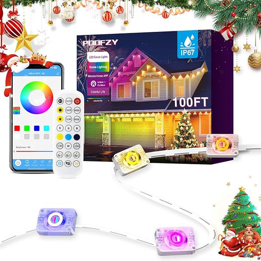 POOFZY Permanent Outdoor Lights for House,100ft RGB+IC Smart Outdoor Decor, 50 Scene Modes,App/Remote Control,IP67 Waterproof,for Christmas,Super Bowl,V-Day,Thanksgiving,Daily & Holiday Party Decor POOFZY