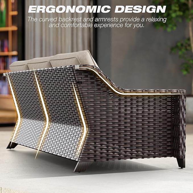 Joyside Patio Sofa - 3 Seater Rattan Sofa, All Weather High Back Sofa, Upgraded Large Size with 4inch Seat Cushions for Backyard, Garden, Poolside (Brown/Beige) Joyside