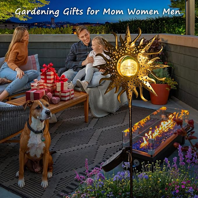 HOMEIMPRO Large Sun Solar Garden Decor Lights Outdoor Garden Gifts Mom Dad, Crackle Glass Metal Stake Backyard Decor, Waterproof LED Lights for Lawn Patio Ornaments, Mothers Day Gifts for Women Homeimpro