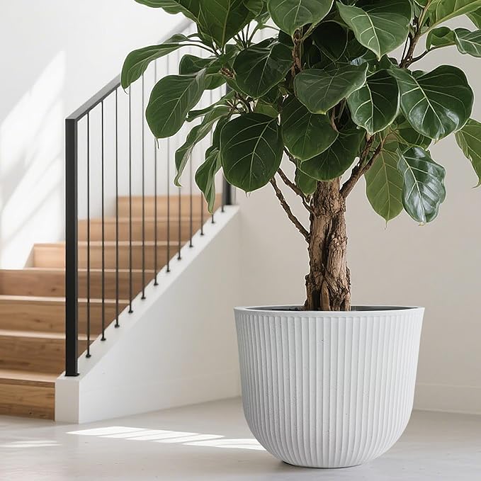WORTH Garden Round Large Planter Pot 1-Pack - 17.5" Dia x 15.5" H - Durable Plastic White Plant Tree Pots with Vertical Stripe Textured Finish, Drainage Hole for Indoor, Outdoor, Front Porch, Patio WORTH