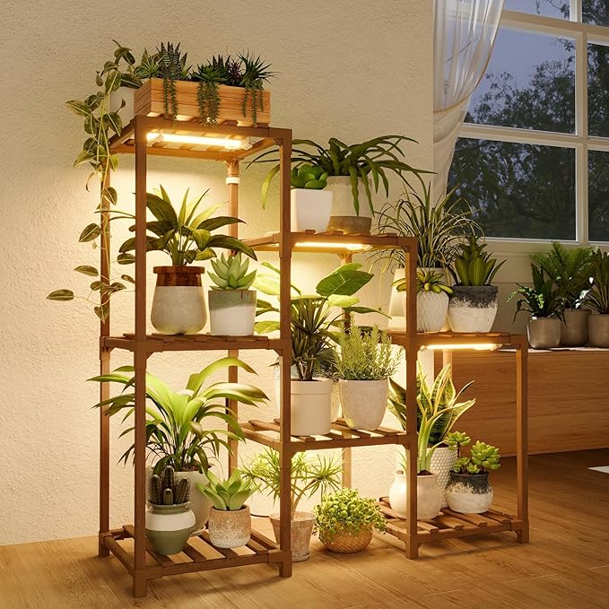 Bamworld Plant Stand with Grow Light Plant Shelf for Mutiple Pots 3 Tiers Ladder Plant Holder for Living Room Patio Boho Home Decor for Gardening Warm Light Bamworld