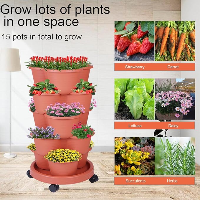 5-Tier Vertical Garden Tower Stackable Planter for Strawberries, Flowers, Vegetables & Herbs 2-Pack Pinky+Family