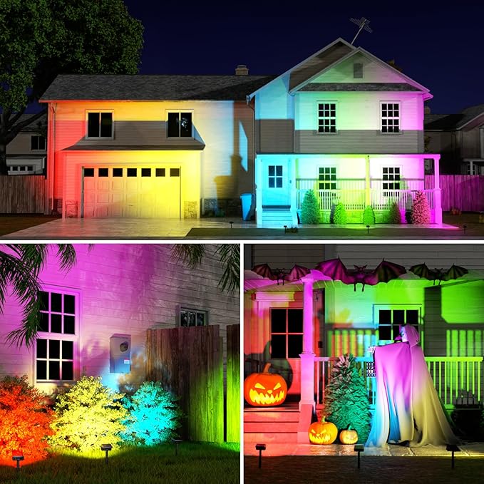 Fabrito Color Changing Solar Spot Lights Outdoor 8 Pack, [6+1 Lighting Modes] Auto On/Off RGB Spotlights, Waterproof Multicolor Landscape Lights for Garden, Tree, Halloween, Christmas Fabrito