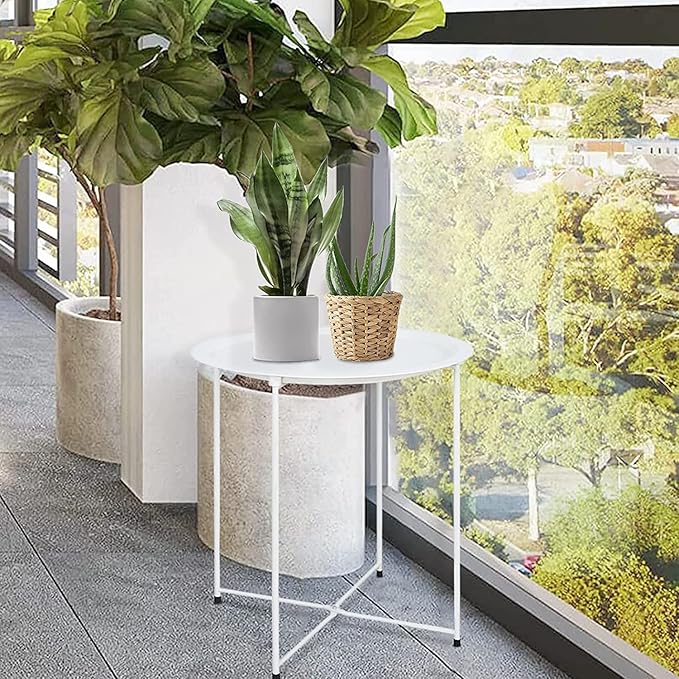 Garden 4 you End Table Metal Side Table Round Folding Tray Cyan Sofa Small Accent Fold-able Table, Round End Table Tray, Next to Sofa Table, Snack Table for Living Room and Bed Room,White Garden4you