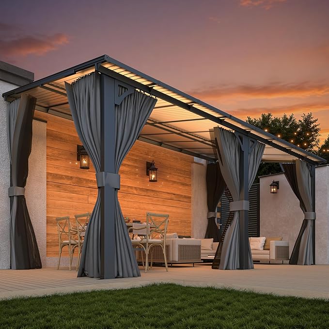 AECOJOY 16' x 8' Gazebo Outdoor Pergola with Curtains and Netting, 8'x16’ Hard Top Lean to Pergolas and Gazebos Clearance with Patio Roof Shelter, Large Wall-Mounted Heavy Duty Metal Awnings for Patio AECOJOY