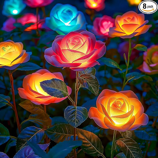 WdtPro Solar Lights Outdoor, 8 Pack Solar Garden Light with 40 Rose Flowers, 7 Color Changing Solar Powered Flowers Lights Waterproof for Outside Patio Yard Pathway Decor WdtPro